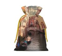 Beautiful Venice Canal View Christmas Drawstring Gift Bags Reusable Christmas Wrapping Bag W/Tags 8.3x11.8 Inch Xmas Treat Pouch Goody Bags Candy Treat Bag For Xmas Holiday Presents Party Favor