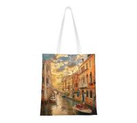 Beautiful Venice Canal View Print Canvas Tote Shopping Bag Reusable Foldable Grocery Bags Shoulder Bag for Travel, Beach, Gym, Work, School