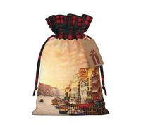 Beautiful Venice Canal View Printed Christmas Drawstring Linen Gift Bags – Reusable Burlap Fabric Bags With Tags For Christmas Gifts, Party Favors, Wedding Decor & Holiday Packaging 2 Sizes