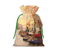 (Beautiful Venice Canal View) Printed Christmas S Size Gift Bags with Green Ribbon Drawstring Candy Bags for Kids Xmas Holiday Christmas Eve Presents