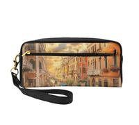 Beautiful Venice Canal View Printed Leather Makeup Bags with Wrist Strap Portable Travel Toiletry Bag Cosmetic Organizer Bag for Women