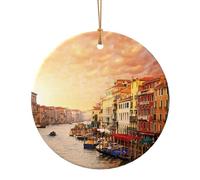 Beautiful Venice Canal View Printed Round Xmas Ornaments 9cm, Christmas Ceramic Pendant Hanging for Xmas Tree Home Indoor Outdoor Decor 1 Pcs