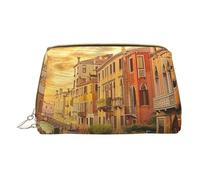 Beautiful Venice Canal View Printed Small Makeup Bag Portable Leather Make up Bag Travel Zipper Cosmetic Bags Organizer for Women