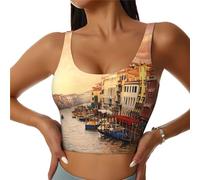 Beautiful Venice Canal View Printing Summer Tank Top for Women Sleeveless Workout Yoga Gym Sport Vest with Detachable Chest Pad Black