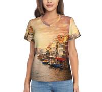 Beautiful Venice Canal View Printing Women's Summer Tops V Neck Short Sleeve T Shirts Casual Basic Loose Fit Tee for Travel Work Black