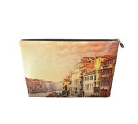 Beautiful Venice Canal View Womens Makeup Bag Leather Travel Toiletry Organizer Wash Bag Cosmetic Pouch with Zipper Girls Handbag Silver