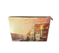 Beautiful Venice Canal View Womens Makeup Bag Leather Travel Toiletry Organizer Wash Bag Cosmetic Pouch with Zipper Girls Handbag Gold