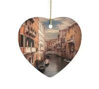 Beautiful Venice Canal ViewChristmas Tree Heart Ornaments Rustic Ceramic Xmas Tree Penadnt with Hanging String Vintage Double-Sided Holiday Party Ornaments for Xmas Gifts