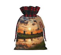 Beautiful view of the Netherlands Christmas Drawstring Gift Bags with Tags, Buffalo Plaid Xmas Gift Bags Reusable Gift Wrapping Bag Christmas Fabric Goody Gift Sacks for Party Presents Decorations