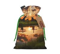 Beautiful view of the Netherlands Christmas Drawstring Gift Bags with Tags, Xmas Gift Bags with Green Christmas Ribbon, Reusable Gift Wrapping Bag Fabric Goody Gift Sacks for Party Presents