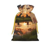 Beautiful view of the Netherlands Christmas Drawstring Gift Bags with Tags, Xmas Gift Bags with Yellow Christmas Ribbon, Reusable Gift Wrapping Bag Fabric Goody Gift Sacks for Party Presents