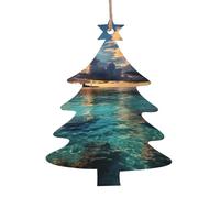 Beautiful View of The Sea Wooden Christmas Ornaments 6PCS Rustic Tree Shape Hanging Tags Xmas Wishes Craft Labels for Holiday Decoration Party Supplies