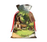 Beautiful village Printed Christmas Drawstring Bags,S | Reusable Xmas Gift Storage Bags, Red Ribbon