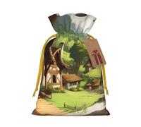 Beautiful village Printed Christmas Drawstring Bags,S | Reusable Xmas Gift Storage Bags, Yellow Christmas Ribbon