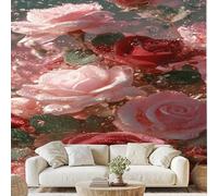 Beautiful Water Drop Rose Mural Pink Red Floral Petals Wallpaper 300x210 cm Green Leaves Wall Decals Peel and Stick Wall Art for Bedroom Kitchen Bathroom Stickers Home Decor zw33x