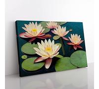 Beautiful Water Lily Flowers Canvas Wall Art Print Ready to Hang, Framed Picture for Living Room Bedroom Home Office Décor, 50x35 cm (20x14 Inch)