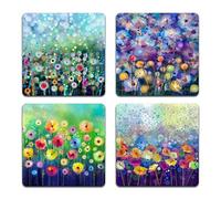 Beautiful Watercolor Flowers Square Coaster Set - Made of Recycled Rubber - Set of 4