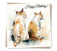 Beautiful Watercolour Cats Happy Birthday Card - Special Card For Family and Friends - Animal Lovers - Heartfelt Greetings Wish for Women, Men - Made in UK