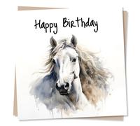 Beautiful Watercolour White Horse Happy Birthday Card - Greetings Card for Horse and Animal Lovers, Men, Women - Made in UK