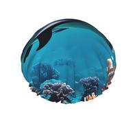 Beautiful Waterproof Large Size Shower Cap Underwater World Dolphins Coral Print for Women Men Reusable Lightweight Soft Hat