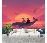 Beautiful Whale Dusk Mural Wallpaper for Living Room TV Backdrop Office Hotel Wall Decoration Poster Pink Wall Panoramic Mural Non-Woven Photo Wallpaper 250x175cm