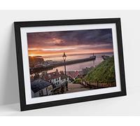 Beautiful Whitby Bay Landscape Framed Wall Art Print Picture - A4 - Black Frame
