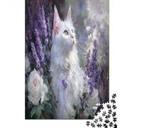 Beautiful White Fluffy Cat, Lavender, White Roses Jigsaw Puzzles for Adults And Kids. 1000 Pieces Whimsical Challenge Toy Educational Game Home Decor 38x26cm/1000pcs