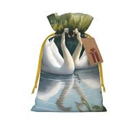 Beautiful White Swans On The Lake Print Christmas Drawstring Gift Bags With Cards For Xmas Party Decorations Holiday