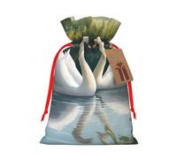 Beautiful White Swans On The Lake Print Christmas Drawstring Gift Bags With Cards For Xmas Party Decorations Holiday