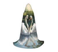 Beautiful White Swans On The Lake Print Halloween Hooded Cloak Full Length Cape With Hood For Men And Women For Carnival