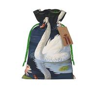 Beautiful White Swans on The Lake Printed Christmas Drawstring Bags for Party Xmas Gift Wrapping, Green Christmas Ribbon, S