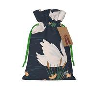 Beautiful White Swans on The Lake Printed Christmas Drawstring Bags with Green Christmas Ribbon - Reusable Burlap Drawstring Gift Pouches, M