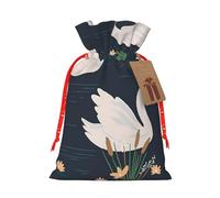 Beautiful White Swans on The Lake Printed Christmas Drawstring Bags with Red Christmas Ribbon - Reusable Burlap Drawstring Gift Pouches, M