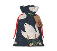 Beautiful White Swans on The Lake Printed Christmas Drawstring Bags with Red Ribbon - Reusable Burlap Drawstring Gift Pouches, M