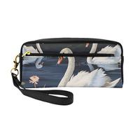 Beautiful White Swans on The Lake Printed Leather Makeup Bags with Wrist Strap Portable Travel Toiletry Bag Cosmetic Organizer Bag for Women