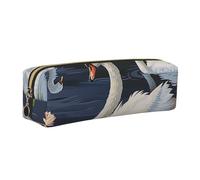 Beautiful White Swans on The Lake Printed Leather Pencil Case Cute Stationery Organizer Simple Makeup Bag Pen Pouch, Gold Zipper