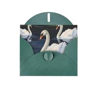 Beautiful White Swans on The Lake Prints Pearl Paper Horizontal Festival Greeting Card for Birthday Cards and All Occasions, Dark Green