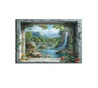 Beautiful Window View Canvas Wall Art, Beautiful Waterfall Flower Rustic Mountain Picture Painting on Canvas, Print Poster Decoration Artwork for Home Living Room Wall Decor Uframe 20x30inch(50x75cm