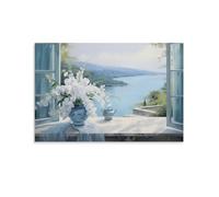 Beautiful Window View Canvas Wall Decor Retro Style White Flower Blue Ocean Poster Wall Art for Living Room Bedroom Artwork