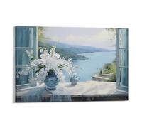 Beautiful Window View Printed Canvas Posters Retro Style White Flower Blue Ocean Wall Decor for Living Rooms Bedroom Wall Art