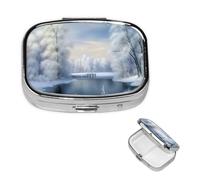 Beautiful Winter Pill Box 2 Compartment Square Portable Pill Case for Pocket or Purse Pill Holder Weekly Pill Organizer Decorative Metal Medicine Vitamin Organizer Travel Gift