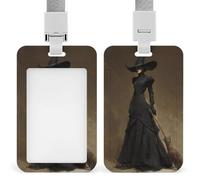 Beautiful Witch with A Broom ID Badge Holder Retractable Clip Card Holder Card Protector Name Badge Name Tag for Work Office Doctor Nurse
