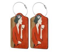 Beautiful Woman Coffee Time Abstract Luggage Tag for Suitcase 2 Pack Leather Luggage Tag with Privacy Flap Name Id Label and Metal Loop for Women Men Travel
