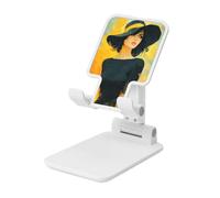 Beautiful Woman In Black Dress Hat Foldable Cell Phone Stand Adjustable Angle Height Desktop Portable Cellphone Cradle Compatible With All Smartphone White-Style
