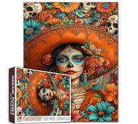 Beautiful Woman Sugar Skull Makeup 1000 Pieces Jigsaw Puzzle for Adults Students Colorful Flowers Skulls Background 20×27 Inches Day of The Dead Inspired Fun Relaxing Home Decor Gift