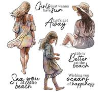 Beautiful Women Girls On Beach Dies and Stamp Sets for Card Making DIY Scrapbooking Girls Just Wanna Have Sun,Life is Better at the Beach Words Transparent Silicone Seal Stamping Stamp for Paper Craft