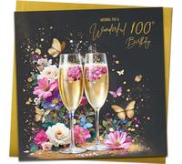 Beautiful Womens 100th Birthday Card for Ladies | Floral Champagne Butterfly Design with Gold Envelope