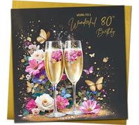 Beautiful Womens 80th Birthday Card for Ladies | Floral Champagne Butterfly Design with Gold Envelope