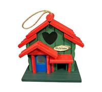 Beautiful wooden bird house with hanging rope, bird bed with rope holes for sparrows, wrens, inseparable, canaries in the garden, yard, patio
