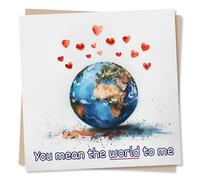 Beautiful World Birthday Anniversary or Valentine's Card For Partner Or Friend - You Mean The World To Me - World and Hearts Design - For Husband, Wife, Girlfriend, Boyfriend, Women